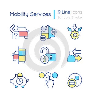 Mobility services RGB color icons set