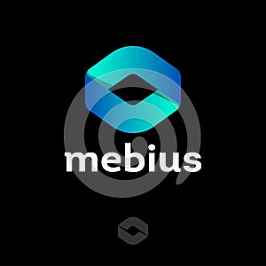 Mobius logo. Impossible geometric shape from silk ribbon isolated on a dark background.