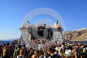 Mobs of tourists on a ferry boat in Greece