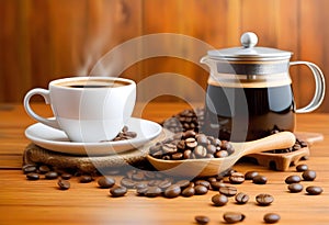 Moca pot, coffee cup and coffee beans on wooden table photo