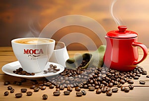 Moca pot, coffee cup and coffee beans on wooden table photo