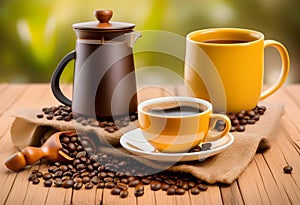 Moca pot, coffee cup and coffee beans on wooden table photo