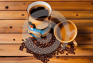 Moca pot, coffee cup and coffee beans on wooden table photo