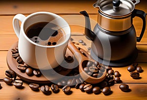 Moca pot, coffee cup and coffee beans on wooden table photo