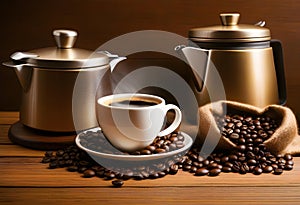 Moca pot, coffee cup and coffee beans on wooden table photo