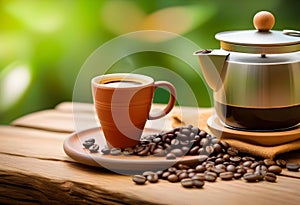 Moca pot, coffee cup and coffee beans on wooden table photo