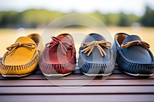 moccasin loafers lined up with focus on the sole design