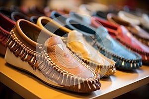 moccasin loafers lined up with focus on the sole design