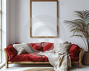 mockup of frame in wall and red sofa