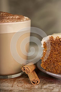 mocha coffee with cinnamon sticks and carrot cake
