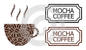Mocha Coffee Scratched Stamps with Notches and Coffee Cup Mosaic of Coffee Seeds