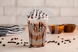 Mocha creamy Delight with ice cream and chocolate chip and coffee beans served in glass isolated on table top cafe dessert