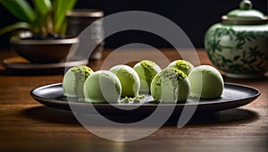 Mochi beautiful matcha ice cream in a cafe dessert delicious deliciously art food photo