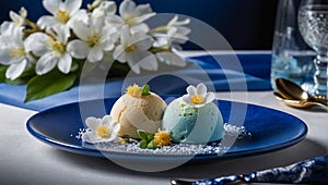 Mochi blue ice cream with flowers in cafe sweet haute cuisine