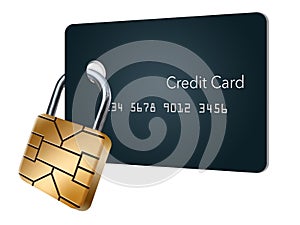 This is a mock generic credit card with an EMV chip that looks like a padlock to secure the card