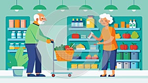 A mock grocery store set up for seniors to practice navigating aisles and reaching for items safely.. Vector photo