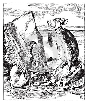 The Mock Turtle and Gryphon sing to Alice - Alice`s Adventures in Wonderland original vintage engraving