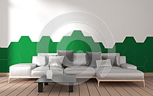 Mock umodern living room interior with armchair decoration and green plants on hexagon green tile on white wall background,minimal