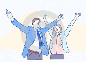 Male and female business their arms wide open, they are expressed their joy in success. Business concept. photo