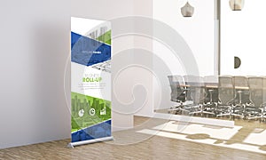 mock up of awesome design roll up at office workplace