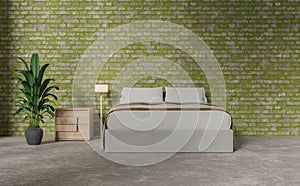 Mock up bed room with moss bric wall photo