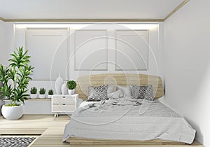 Mock up Bed room wooden Hotel japanese zen design with hiden light on white wall background.3D rendering