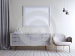 Mock up beige wall room chest and chair in interior. Scandinavian style interior.