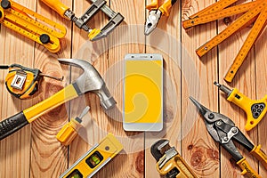 Mock Up Big Set Of Yellow Construction Tools Smartphone With Free Space For Your Text