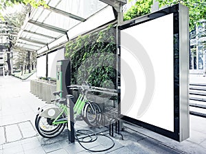 Mock up Billboard Light box at Bus Station with Public Bicycle parking