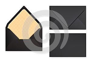 Mock-up of black designed envelope. Front view, closed and opened back side.