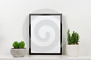 Mock up black frame against white wall with succulent plants on a white shelf