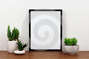 Mock up black frame against white wall with succulent plants on a wood shelf