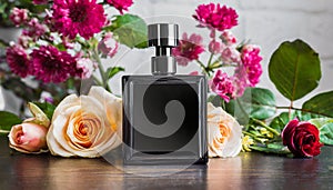 Mock-up of black glass perfume bottle with beautiful flowers on table. Floral aroma
