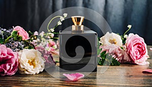 Mock-up of black glass perfume bottle with beautiful flowers on table. Floral aroma