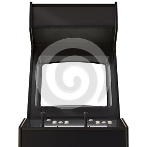 Mock-up of Black Retro Arcade Machine or Cabinet for Two Players With White Buttons