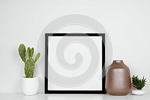 Mock up black square frame with cactus, vase and succulent plant with a white shelf and wall