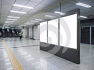 Mock up Blank Banners Media advertising in Subway station with escalator People walking