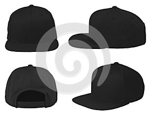 Mock up blank flat snap back hat black isolated view set