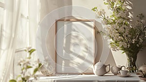 A mock-up of a blank menu or order card on a table with a tasteful tea set in a tranquil setting with soft sunlight. photo