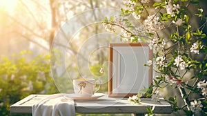 A mock-up of a blank menu or order card on a table with a tasteful tea set in a tranquil setting with soft sunlight. photo