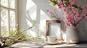 A mock-up of a blank menu or order card on a table with a tasteful tea set in a tranquil setting with soft sunlight. photo