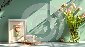 A mock-up of a blank menu or order card on a table with a tasteful tea set in a tranquil setting with soft sunlight. photo