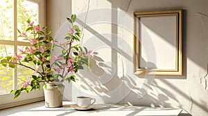 A mock-up of a blank menu or order card on a table with a tasteful tea set in a tranquil setting with soft sunlight. photo