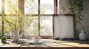 A mock-up of a blank menu or order card on a table with a tasteful tea set in a tranquil setting with soft sunlight. photo