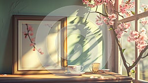 A mock-up of a blank menu or order card on a table with a tasteful tea set in a tranquil setting with soft sunlight. photo