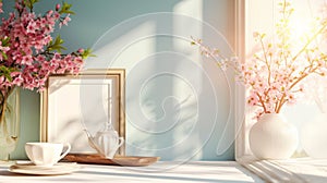 A mock-up of a blank menu or order card on a table with a tasteful tea set in a tranquil setting with soft sunlight. photo