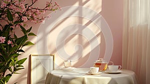 A mock-up of a blank menu or order card on a table with a tasteful tea set in a tranquil setting with soft sunlight. photo