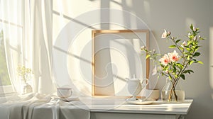 A mock-up of a blank menu or order card on a table with a tasteful tea set in a tranquil setting with soft sunlight. photo