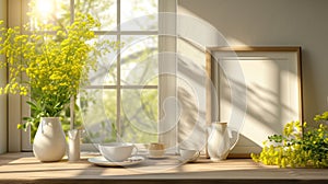 A mock-up of a blank menu or order card on a table with a tasteful tea set in a tranquil setting with soft sunlight. photo