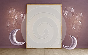 Mock up of blank photo frames on plastered walll, scandinavian minimalism childroom interior with balls in the form of the moon